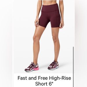 Lululemon Fast and Free High-Rise Short 6"in Burgundy